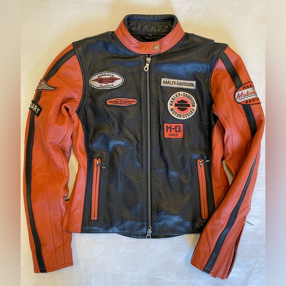 HARLEY DAVIDSON Colorblock Perforated Leather Patch Cafe Moto Jacket Size XS - Picture 1 of 9